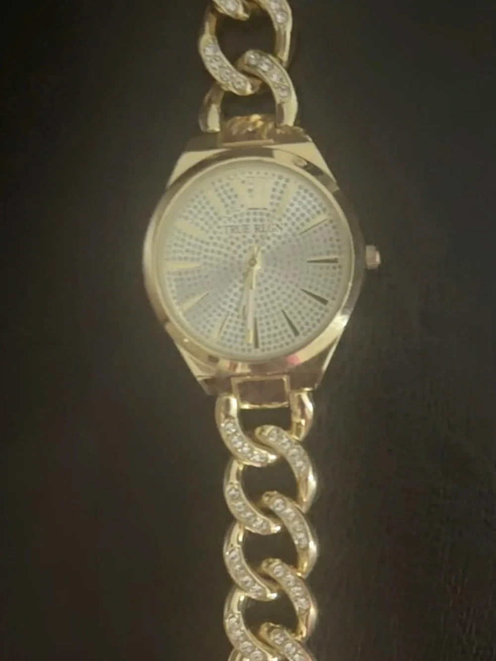True Religion Iced link chain Gold Tone Crystal Accent Chain-Link Women's Watch